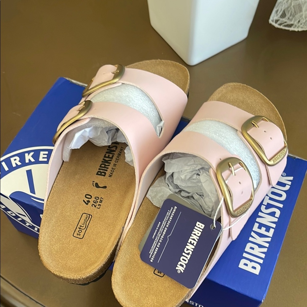 Birkenstock Arizona Blush Sandals with Gold Buckles